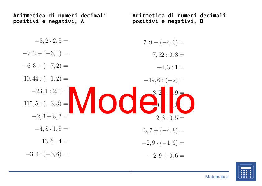 Aritmetica di numeri decimali positivi e negativi | matematica | 26 colonne