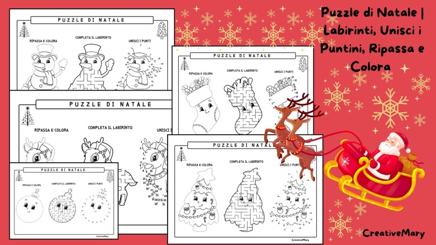 Puzzle di Natale | Labirinti, Unisci i Puntini e Ripassa e Colora | Attività Natalizie per Bambini