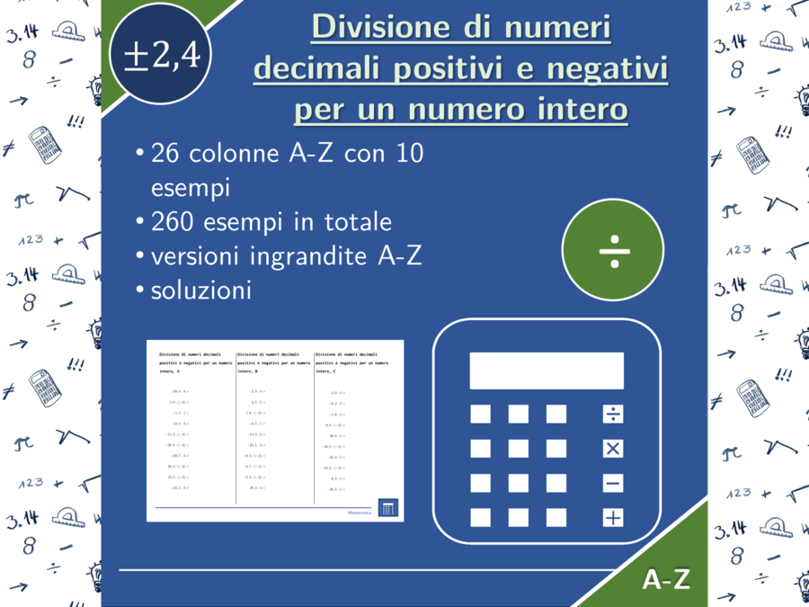 Divisione di numeri decimali positivi e negativi per un numero intero | matematica | 26 colonne