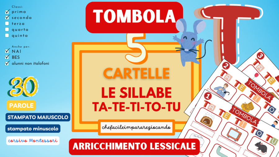 SILLABE TA TE TI TO TU – TOMBOLA PAROLE – CLASSI PRIMA E SECONDA – ANCHE PER NAI E BES