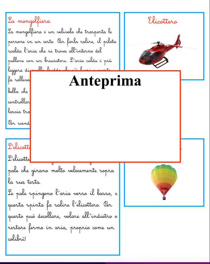 I velivoli; 23 carte didattiche per scoprire 11 velivoli; attività di lettoscrittura