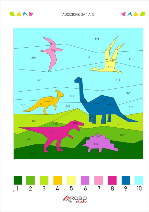 Colorazione matematica, addizione da 1 a 10, giornata dei dinosauri, preistoria, matematica e arte, calcola e colora
