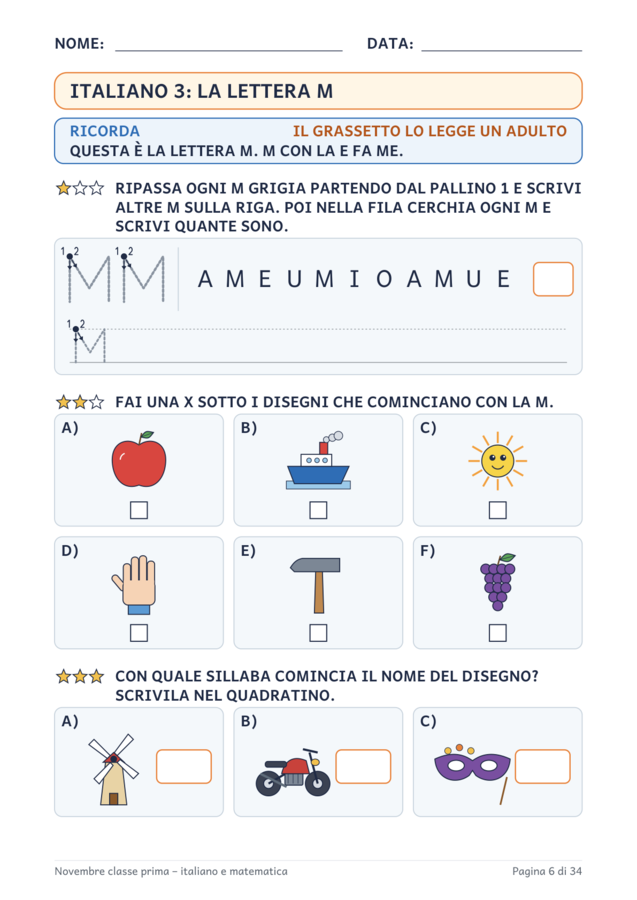 Novembre classe prima: schede di italiano e matematica