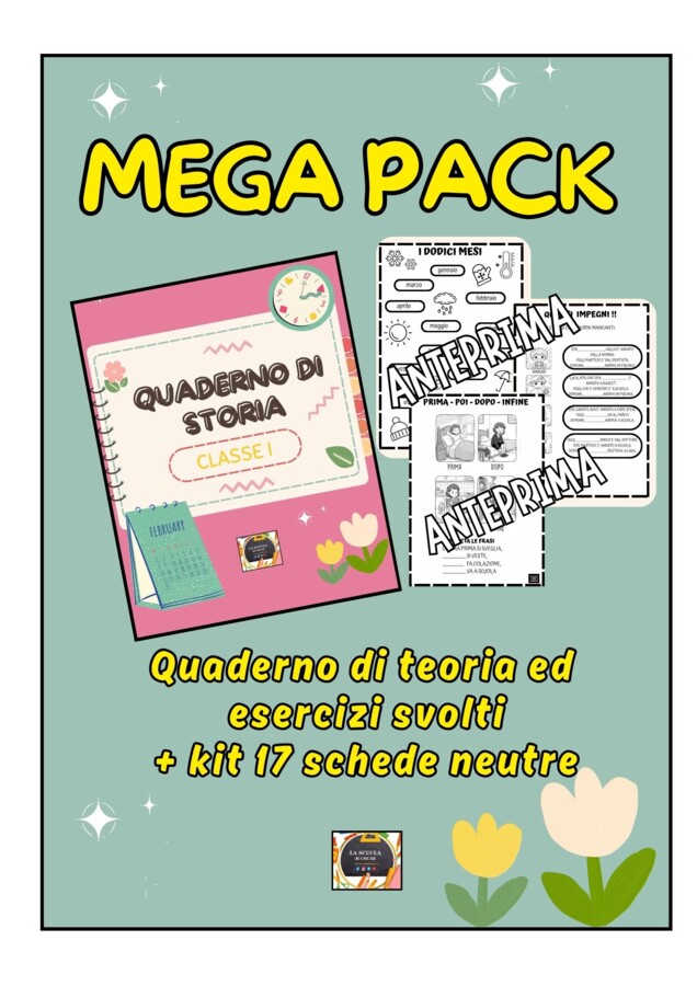 MEGA PACK Quaderno di Storia per la Classe 1° - Scuola Primaria - Manoscritto di Teoria con attività + kit di 17 schede in b/n -