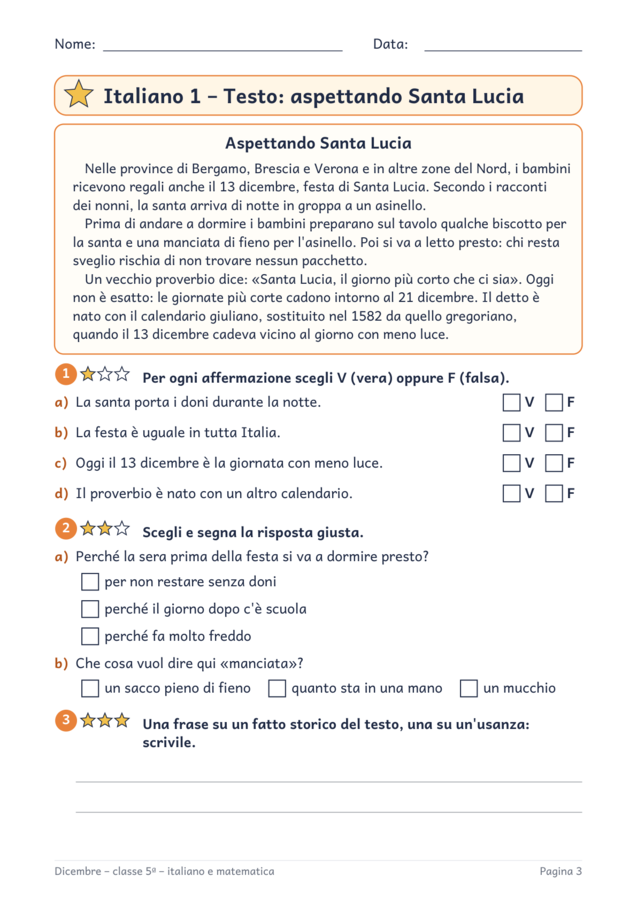Dicembre classe quinta: schede di italiano e matematica