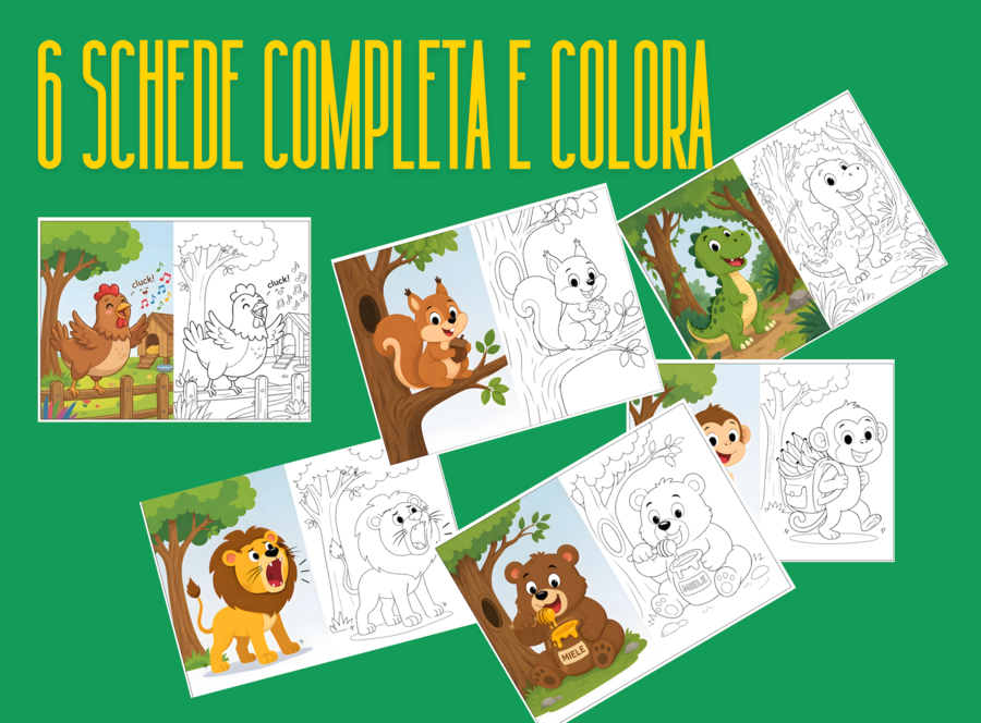 Colora e Completa: 6 SCHEDE Cuccioli di Animali – Libro Creativo per Bambini