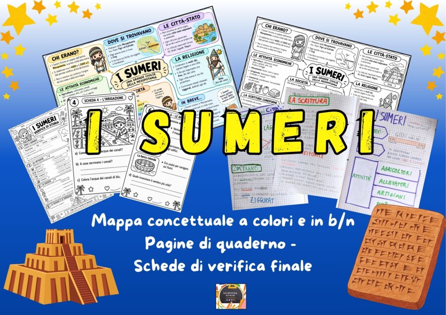 Kit Didattico I SUMERI: Mappe Concettuali a colori e in b/n,  Pagine di Quaderno scritto a mano e Schede di Verifica in b-n