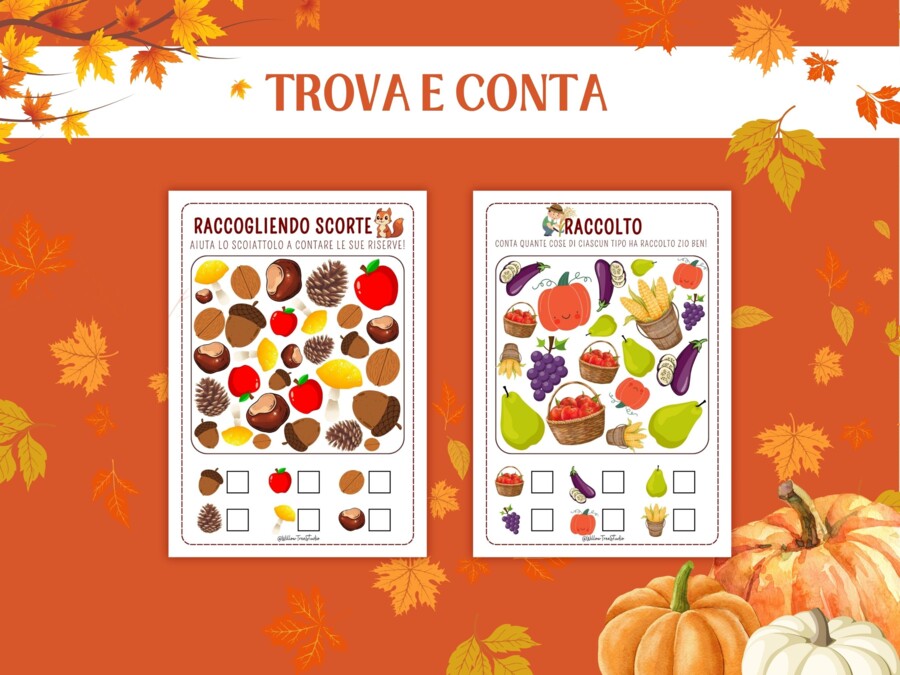 Schede Autunnali Conteggio Matematica per Infanzia e Prima Elementare | Attività Numeri 1–10 | Schede Didattiche Stampabili, Giochi Matematici, Conta e Collega, Conta e Colora, I SPY Autunno, Early Algebra, No Prep (5-7 anni)