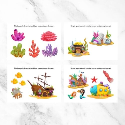 Gioco dei pesci e degli scenari - Taglia e incolla per bambini