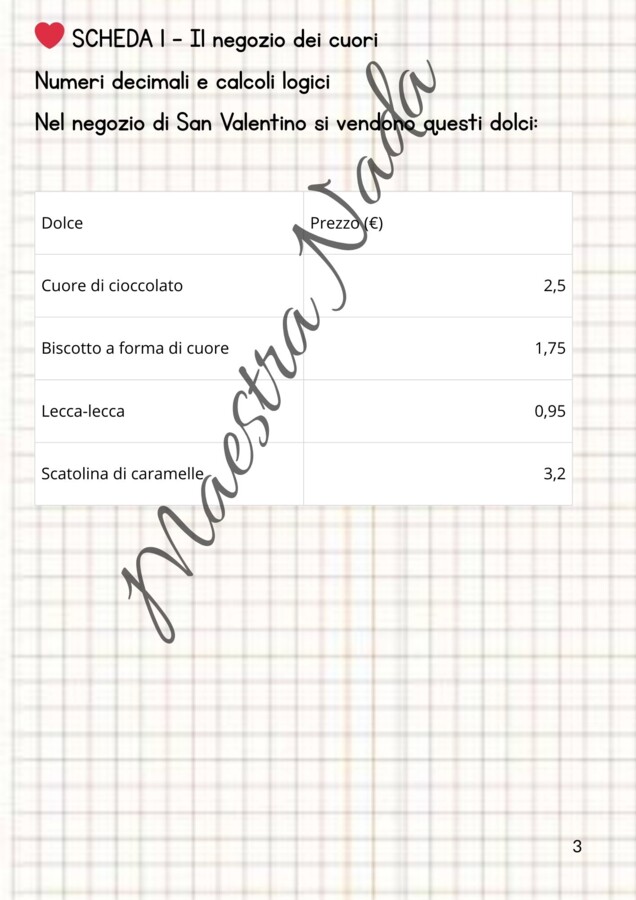 Attività di matematica a tema San Valentino classe quarta/quinta scuola primaria