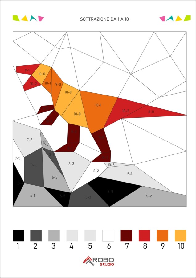 Colorazione matematica, sottrazione da 1 a 10, giornata dei dinosauri, preistoria, matematica e arte, calcola e colora