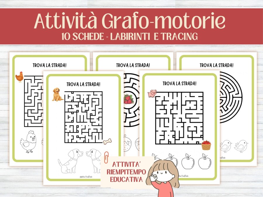 10 Schede Labirinti e Grafomotricità con Animali da Ricalcare | Attività di Attenzione, Pianificazione Visiva e Motricità Fine | Scuola Infanzia ed Elementare (4-6 anni) | PDF Stampabile No Prep - time fillers - attività riempitempo - early finishers