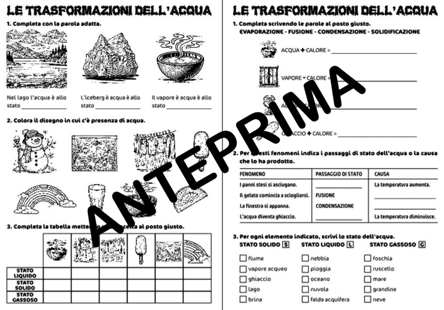 I PASSAGGI DI STATO DELL'ACQUA SCHEDE ESERCIZI - SCUOLA PRIMARIA - DALLA CLASSE TERZA