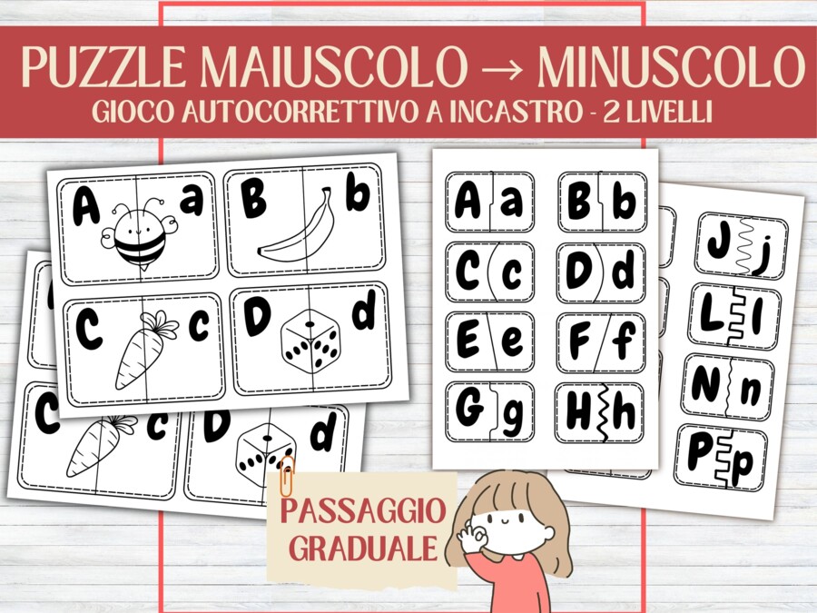 Presentazione Alfabeto Maiuscolo e Minuscolo | Gioco puzzle  Autocorrettivo d'Abbinamento e Incastro | Passaggio allo Stampato Minuscolo | Infanzia, 1ª Primaria e Sostegno (PDF Stampabile)