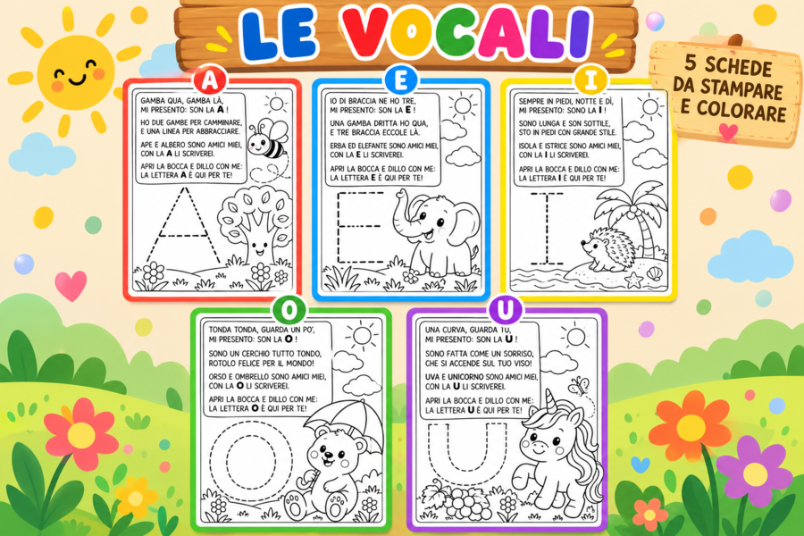 🌈 LE VOCALI – 5 SCHEDE DIDATTICHE DA STAMPARE E COLORARE 🌈