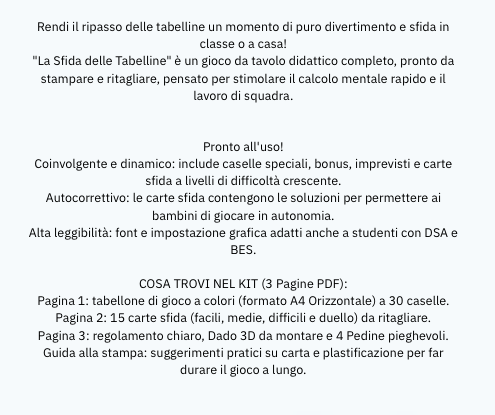 LA SFIDA DELLE TABELLINE -  Gioco da tavolo stampabile in PDF (Scuola Primaria)
