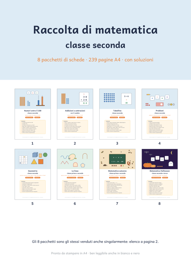 Raccolta di matematica classe seconda: 8 pacchetti di schede