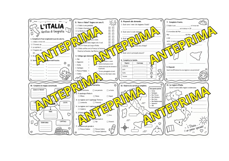 Kit Didattico L'Italia: Mappa Concettuale (Colori e B/N) + Pagine di Quaderno + Schede di Verifica e Mappe Mute