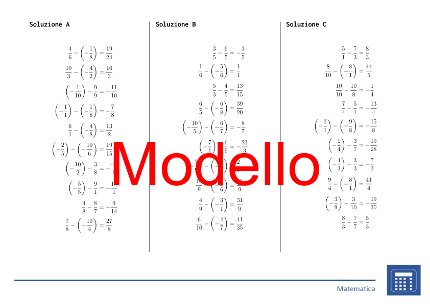 Sottrazione di frazioni positive e negative | matematica | 26 colonne