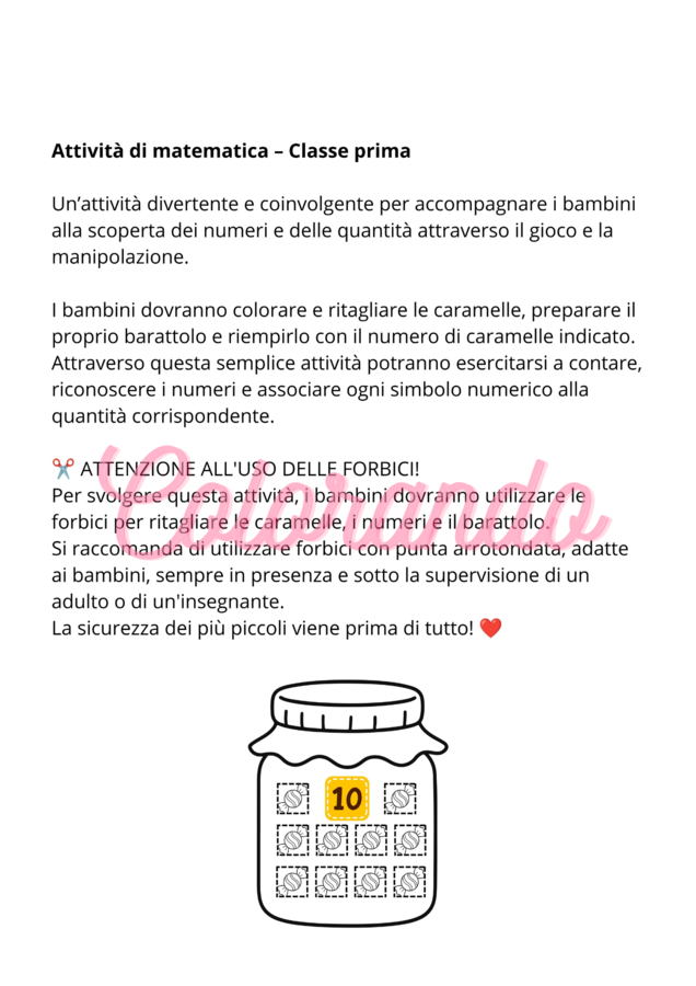 RIEMPIAMO IL BARATTOLO! Attività di matematica – Classe prima primaria