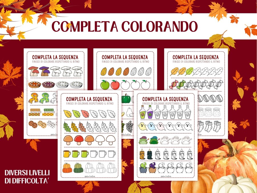 Pacchetto Attività di Logica Autunnali - Pattern | Sequenze e Ritmi | Infanzia e Prima Elementare (4-6 anni) | Early Algebra, Completa il Ritmo, Disegni dell'Autunno, Stampabile No Prep