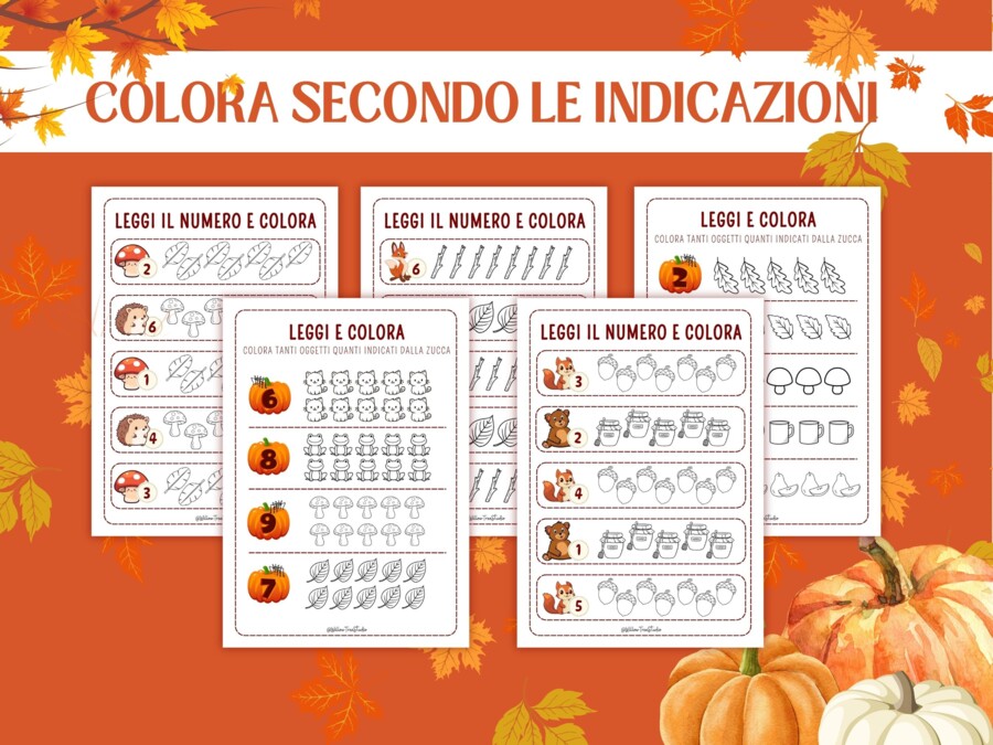 Schede Autunnali Conteggio Matematica per Infanzia e Prima Elementare | Attività Numeri 1–10 | Schede Didattiche Stampabili, Giochi Matematici, Conta e Collega, Conta e Colora, I SPY Autunno, Early Algebra, No Prep (5-7 anni)