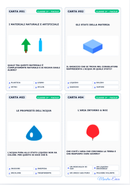 40 CARTE SFIDA DI SCIENZE: MATERIALI, MATERIA, ARIA, ACQUA ED ENERGIA | QUIZ A SCELTA MULTIPLA  (CLASSI 3ª, 4ª, 5ª) + GRIGLIA SOLUZIONI