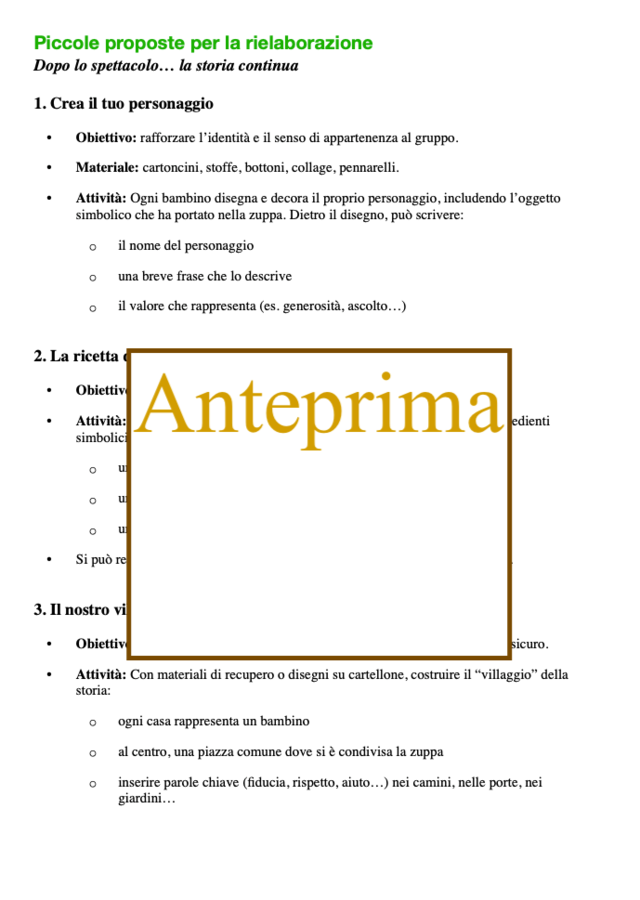 Una zuppa, un sasso, un villaggio; percorso teatrale completo per progetti di accoglienza/ inclusione-classi 2-3-4-5