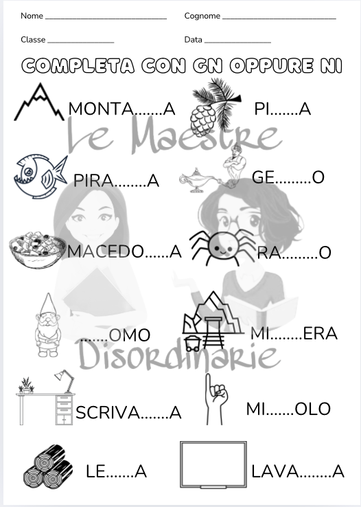 Schede didattiche con GN - NI - GL - LI