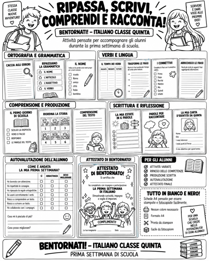 Bentornati Italiano Classe Quinta | Kit Prima Settimana di Scuola – Schede, Soluzioni e Autovalutazione