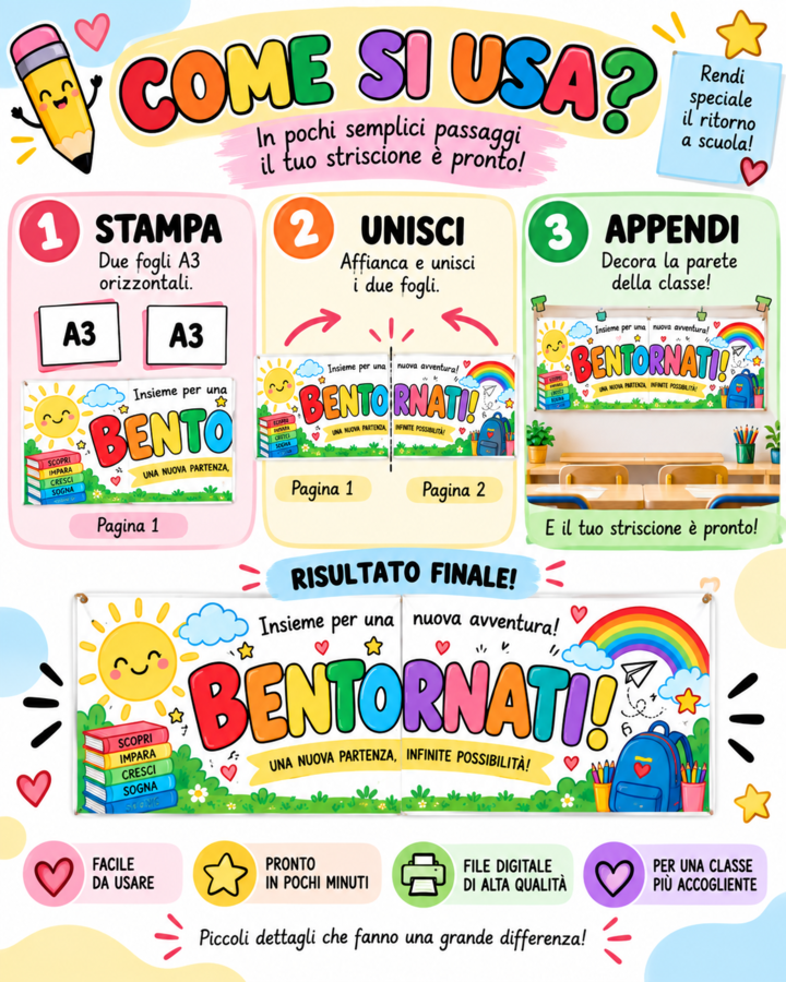 Striscione BENTORNATI! Scuola Primaria | Decorazione Accoglienza | Primo Giorno di Scuola | A3