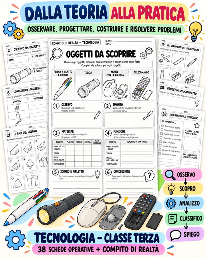 TECNOLOGIA CLASSE TERZA – Oggetti, Materiali, Funzioni e Progetti | 38 Schede Operative + Compito di Realtà+Soluzioni