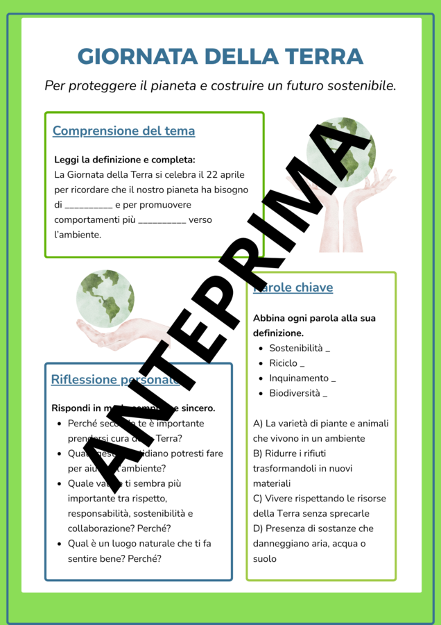 ATTIVITÀ PER LA GIORNATA MONDIALE DELLA TERRA Schede classe seconda