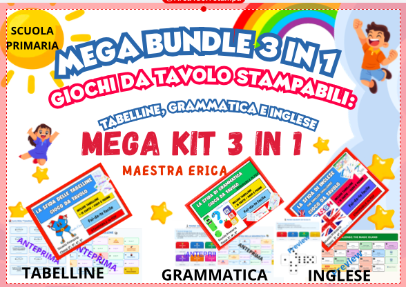 MEGA BUNDLE 3 in 1 – Giochi da tavolo stampabili: tabelline, grammatica e inglese (Scuola Primaria)