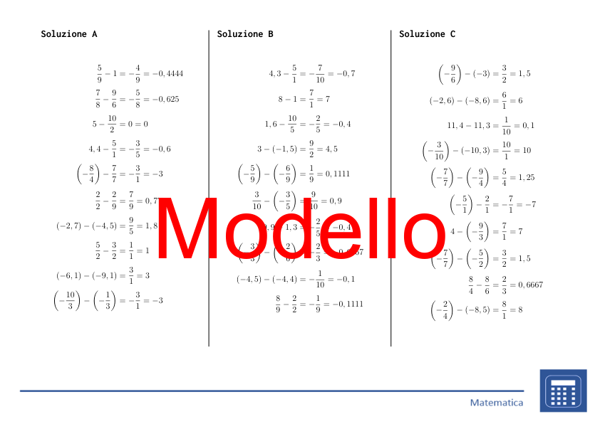 Sottrazione di numeri razionali | matematica | 26 colonne