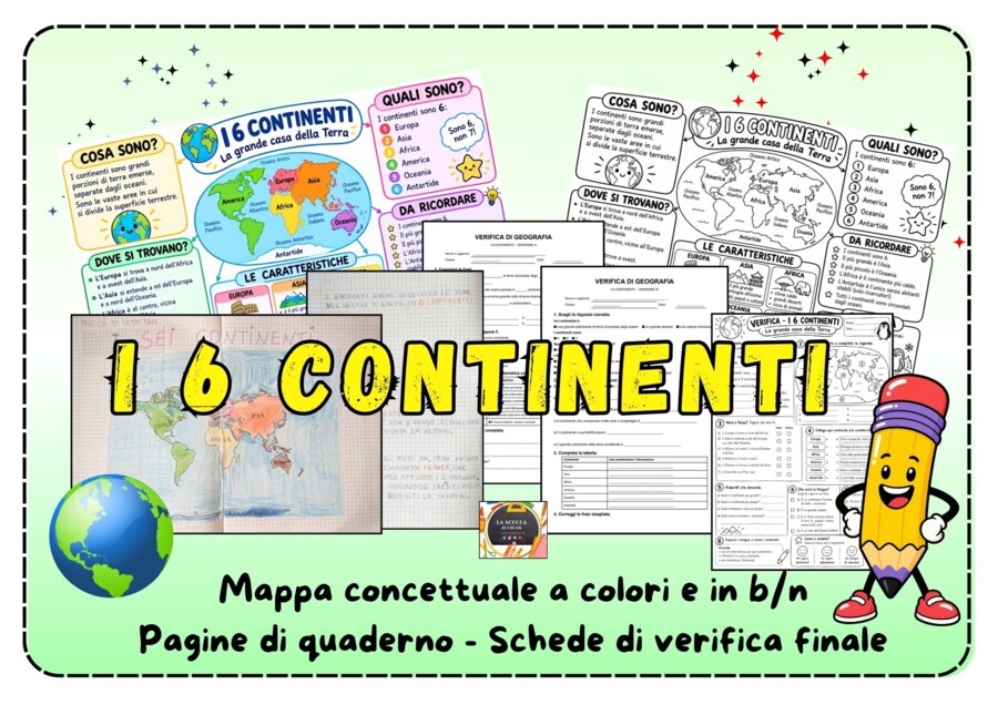 I 6 Continenti: Mappa Concettuale, Pagine Quaderno e Verifiche di Geografia con soluzioni per la Scuola Primaria