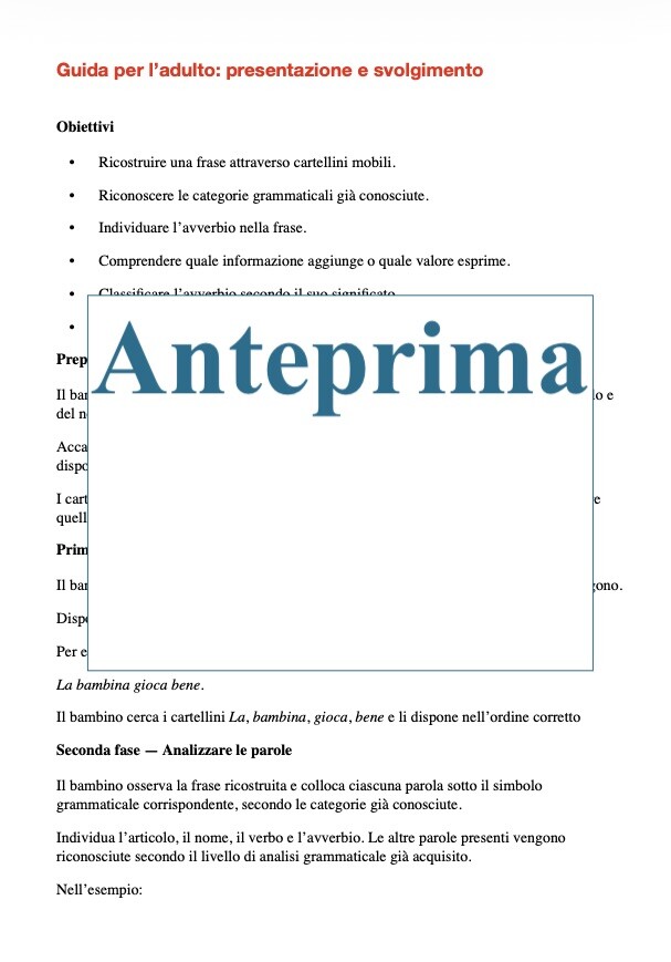 L’avverbio: riconoscere, comprendere, classificare - Materiale manipolativo Montessori, classi 3/5