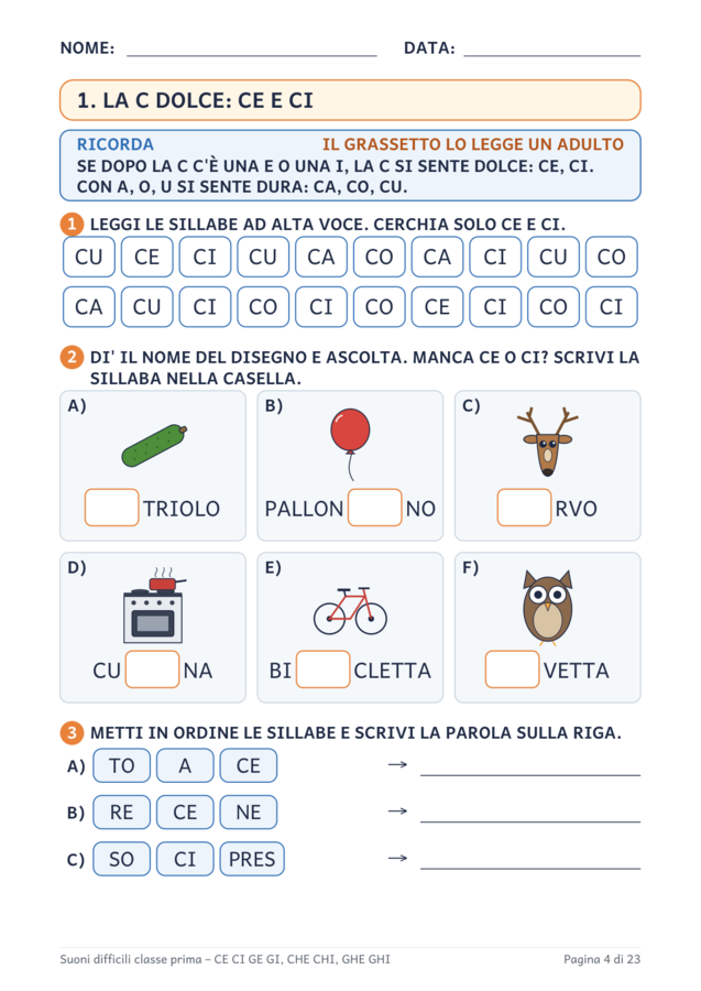Suoni difficili classe prima: CE CI GE GI, CHE CHI, GHE GHI – schede