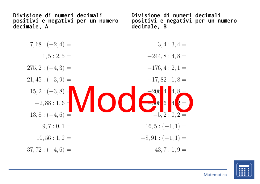 Divisione di numeri decimali positivi e negativi per un numero decimale | matematica | 26 colonne