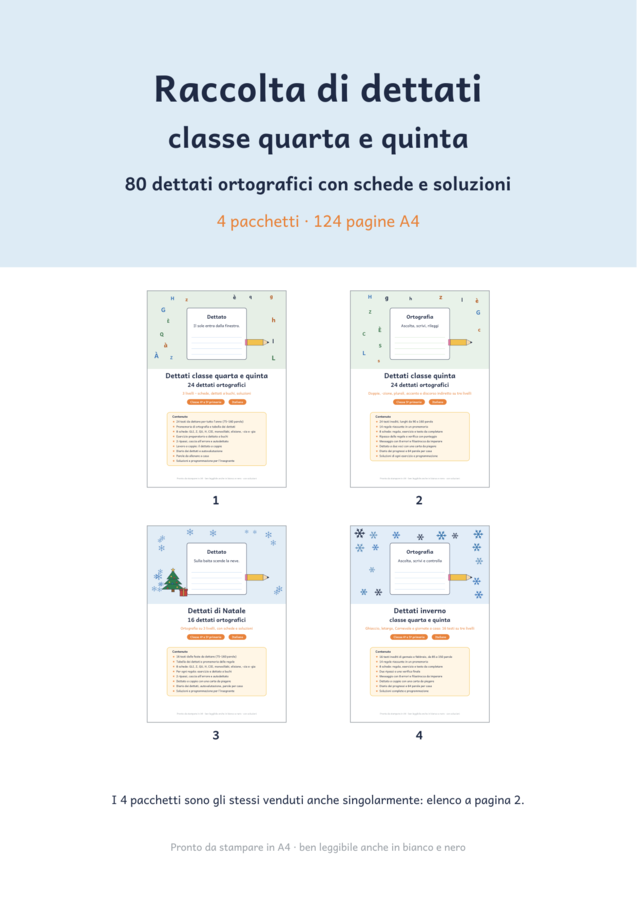 Raccolta di dettati classe quarta e quinta: 80 dettati ortografici in 4 pacchetti