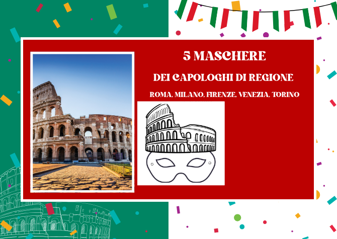 5 maschere dei capoluoghi di regione: Roma, Milano, Venezia, Firenze, Torino