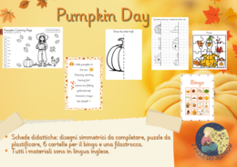 Kit per la Giornata della Zucca (Pumpkin Day), in inglese. Festone, presentazione, schede didattiche, disegni da colorare con i numeri e curiosità.