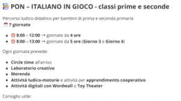 Percorso PON Estivo ITALIANO IN GIOCO – Classi 1ª e 2ª – 30 ore ; 7 giornate strutturate – Attività creative e digitali – Didattica giocosa