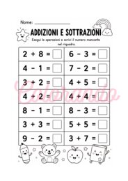 7 Schede di Addizioni e Sottrazioni entro il 20 – Prima e seconda Elementare (con personaggi divertenti)