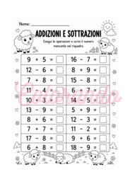 7 Schede di Addizioni e Sottrazioni entro il 20 – Prima e seconda Elementare (con personaggi divertenti)
