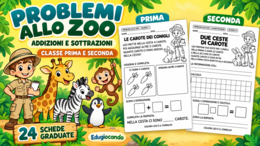 Problemi con addizioni e sottrazioni – 24 schede sullo zoo per prima e seconda primaria