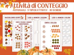 Schede Autunnali Conteggio Matematica per Infanzia e Prima Elementare | Attività Numeri 1–10 | Schede Didattiche Stampabili, Giochi Matematici, Conta e Collega, Conta e Colora, I SPY Autunno, Early Algebra, No Prep (5-7 anni)