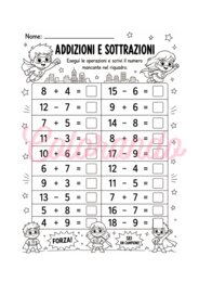 7 Schede di Addizioni e Sottrazioni entro il 20 – Prima e seconda Elementare (con personaggi divertenti)
