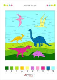 Colorazione matematica, addizione da 1 a 10, giornata dei dinosauri, preistoria, matematica e arte, calcola e colora