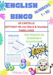 ENGLISH BINGO NUMBERS 1-90 - Kit gioco completo con 20 cartelle, gettoni e tabellone (Scuola Primaria)